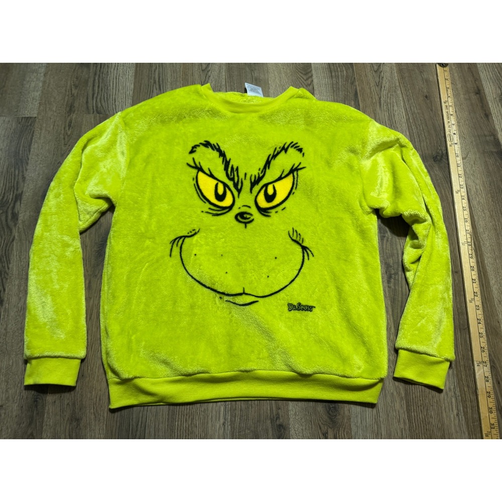 Dr. Seuss Sweater Unisex Size L Lime Green Fuzzy Fleece Long sleeve The Grinch